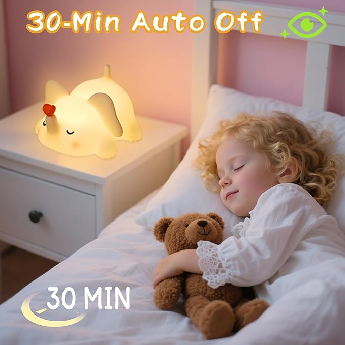 Elephant Night Light for Kids, Silicone Squishy Lamp with Touch Control 3-Level Dimmable, Auto-Off Timer, Rechargeable Nursery Light, Baby Gift (Soft White)