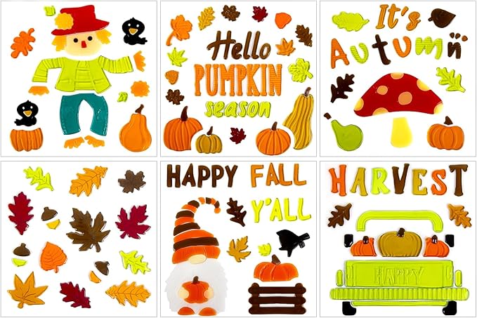 6 Sheet Fall Window Clings Gel, Happy Thanksgiving Autumn Harvest Pumpkins Truck, Fall Leaf, School Home Supplies