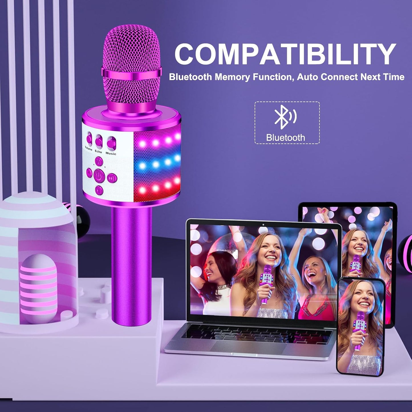 BONAOK Karaoke Microphone for Kids & Adults - Bluetooth Microphones Singing Mic with Disco Lights, Echo Effect, Built-in Speaker Portable Karaoke Player for Party Travel Gifts Q78(Purple)