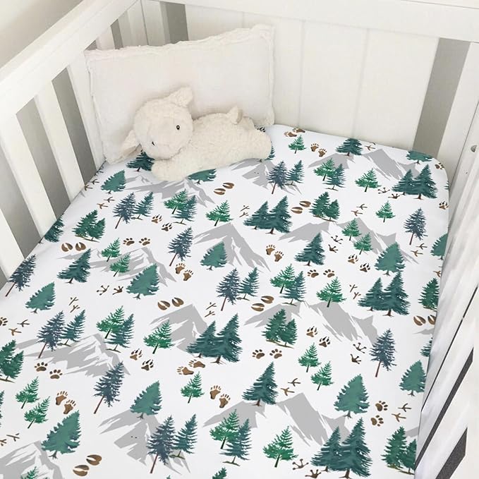 Green Pine Trees Animals Tracks Baby Crib Sheet 52''x28'' Pine Trees Paws Mountain Snug Fitted Crib Mattress Cover for Boy Girl Wildlife Soft Baby Bed Sheets for Standard Crib & Toddler Mattress