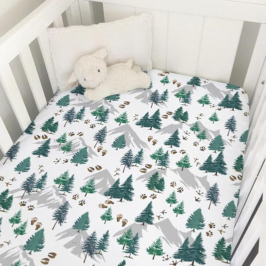 Green Pine Trees Animals Tracks Baby Crib Sheet 52''x28'' Pine Trees Paws Mountain Snug Fitted Crib Mattress Cover for Boy Girl Wildlife Soft Baby Bed Sheets for Standard Crib & Toddler Mattress