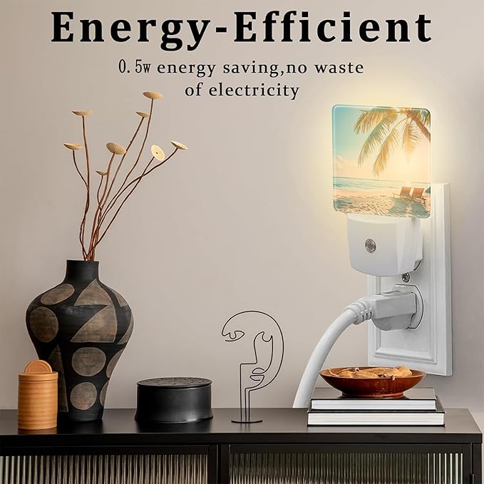 Beach and Sunset Night Light Plug into Wall, Tropical Palm Tree and Ocean Dusk to Dawn Night Light Plug in,0.5w Energy Saving Sleep Friendly NightLight for Kids Boys Girls Home Decor