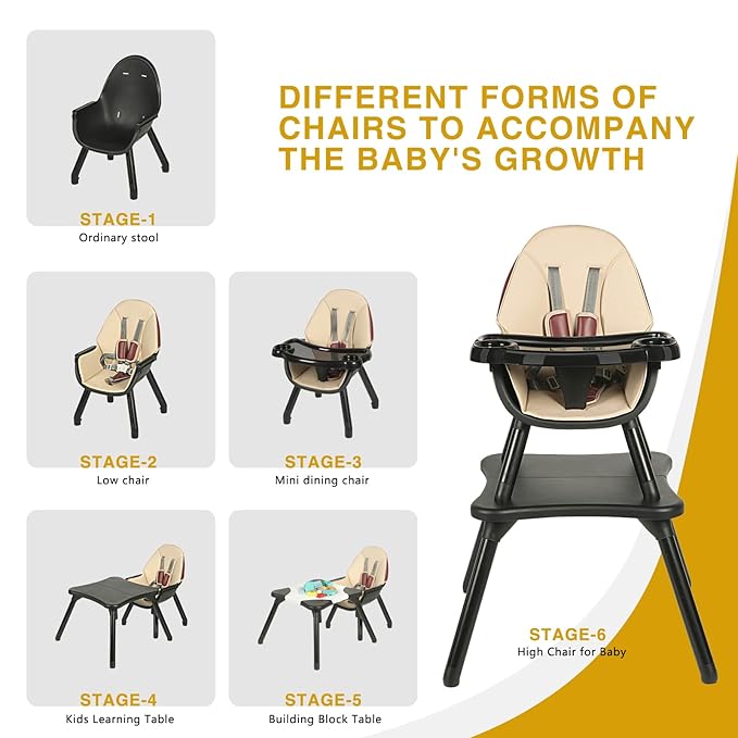 Gofirst 6 in 1 Baby High Chair,Convertible High Chairs for Babies and Toddlers/Booster Seat/Table and Chair Set,Baby Feeding Chair/5-Point Harness,4-Position Removable Tray&PU Cushion Baby Highchair