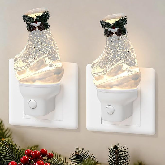 2 Pack Christmas Night Light Plug into Wall Glitter Water Nightlight with USB/Outlet Options, Christmas Ski Boots Decorative Nightlight for Bedroom Kitchen Holiday Decorations Gifts (Ski Boots)