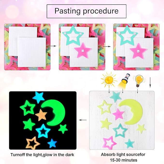 140 pcs Colorful Glow in The Dark Moon and Stars Wall Stickers Yellow Pink Blue Glowing Star Decor DIY 3D Hollow Luminous Stars Wall Decals for Kids Boys Baby Bedroom Ceiling Wall Decoration