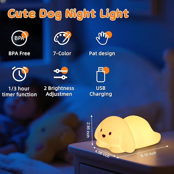 Tremdwoto Dog Night Light for Kids,Cute 7 Colorful Night Light Baby Girl Squishy Night Lights Lamp 1/3 Hour Timer Puppy Light Dimmable Nursery Nightlight，Kawaii Bedroom Decor,Gift for Boys and Girls