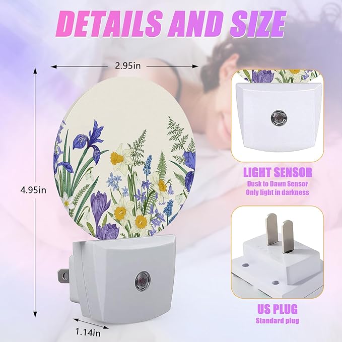 Wildflowers Night Light Spring Floral Night Lights LED Lamp Round Plug into Wall Nightlight with Dusk to Dawn Sensor Home Hallway Stairway Kitchen Decor