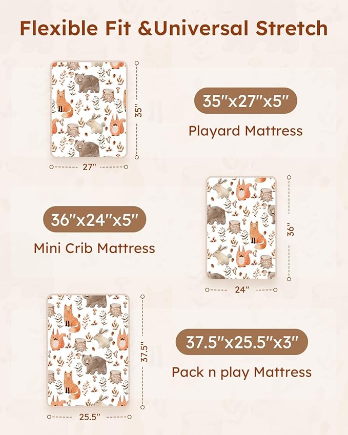 Pack and Play Sheets Fitted 3 Pack, Mini Crib Sheets for Pack N Play Mattress Stretchy Portable Playard Sheets, Soft Breathable Green & Brown Fox