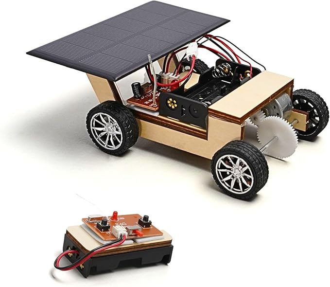 Solar-Powered Car V1, Wooden STEM Kit with Wireless Remote Control for Boys and Girls, Hybrid Powered by Solar Power and Batteries, Educational Motor Toy Gift for Kids Aged 8-12