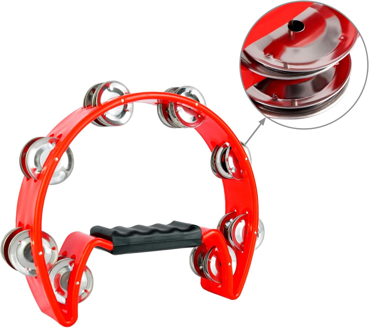 EastRock Tambourine Metal Jingles Hand Held Percussion Half Moon Tambourine for Kids, Adults, KTV, Party Red