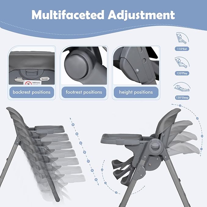 4 in 1 High Chairs for Babies and Toddlers, Foldable Baby High Chairs, Feeding and Eating Seat Highchair with 4 Levels of Recline and 7 Levels of Height Adjustment, Starry Gray