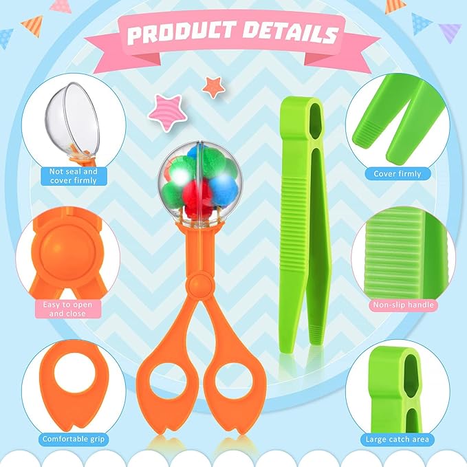 119Pcs Kid Tweezers fine Motor Skills Set,Helping Hands fine Motor Tool Set，Includes 100 Pcs Pompoms,12 Cups,4 Tweezers,2 Clips,1 Storage Box for Counting Sorting Training