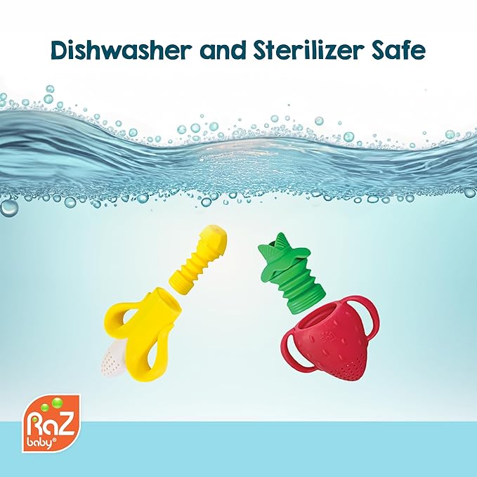 RaZbaby Fruitique Fruit Feeder One-Piece Baby – Larger Opening for Refilling & Fits More Fresh/Frozen Fruit for Teething Relief, Easy to Hold, Safer Design, BPA-Free, Dishwasher Safe - Strawberry