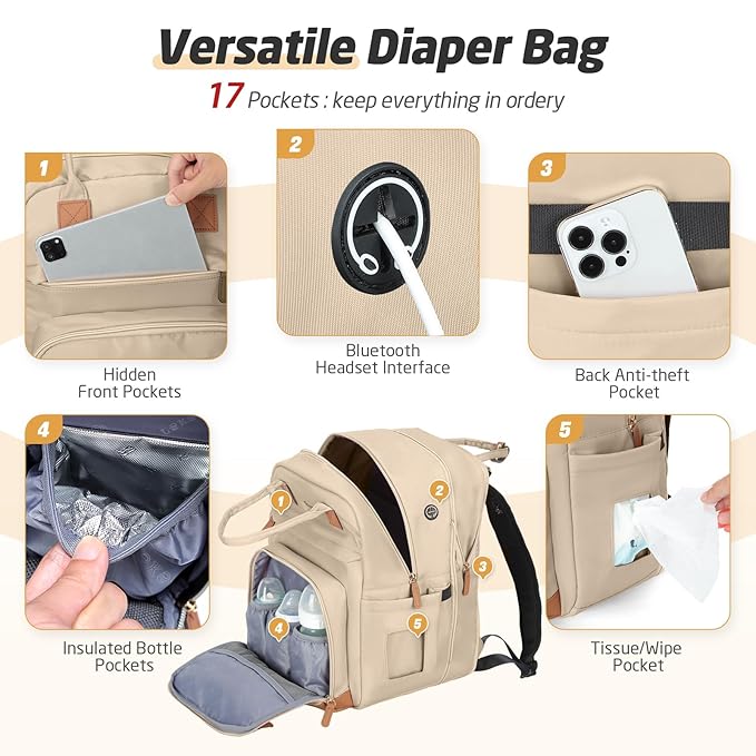 Diaper Bag Backpack - Extra Large Diaper Bag for 2 Kids Twin, Travel Baby Bags for Mom Dad 25-37L Expandable with Changing Pad Earphone Hole, Solid khaki