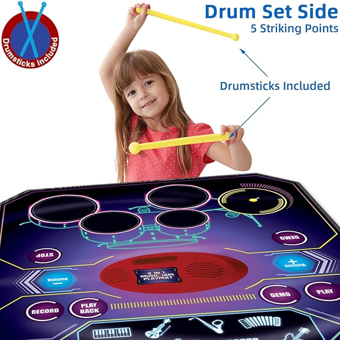 2 in 1 Kids Music Learning Toys for Boys Girls, Drum Set + Piano Mat | Record & Playback, Built-in Songs, 8 Instrument Sounds, 24 Keys, Christmas Birthday Gifts for Toddler 3 4 5 6 7 8 Years