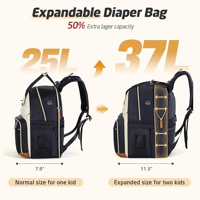 Diaper Bag Backpack - Extra Large Diaper Bag for 2 Kids Twin, Travel Baby Bags for Mom Dad 25-37L Expandable with Changing Pad Earphone Hole, Apricot Black