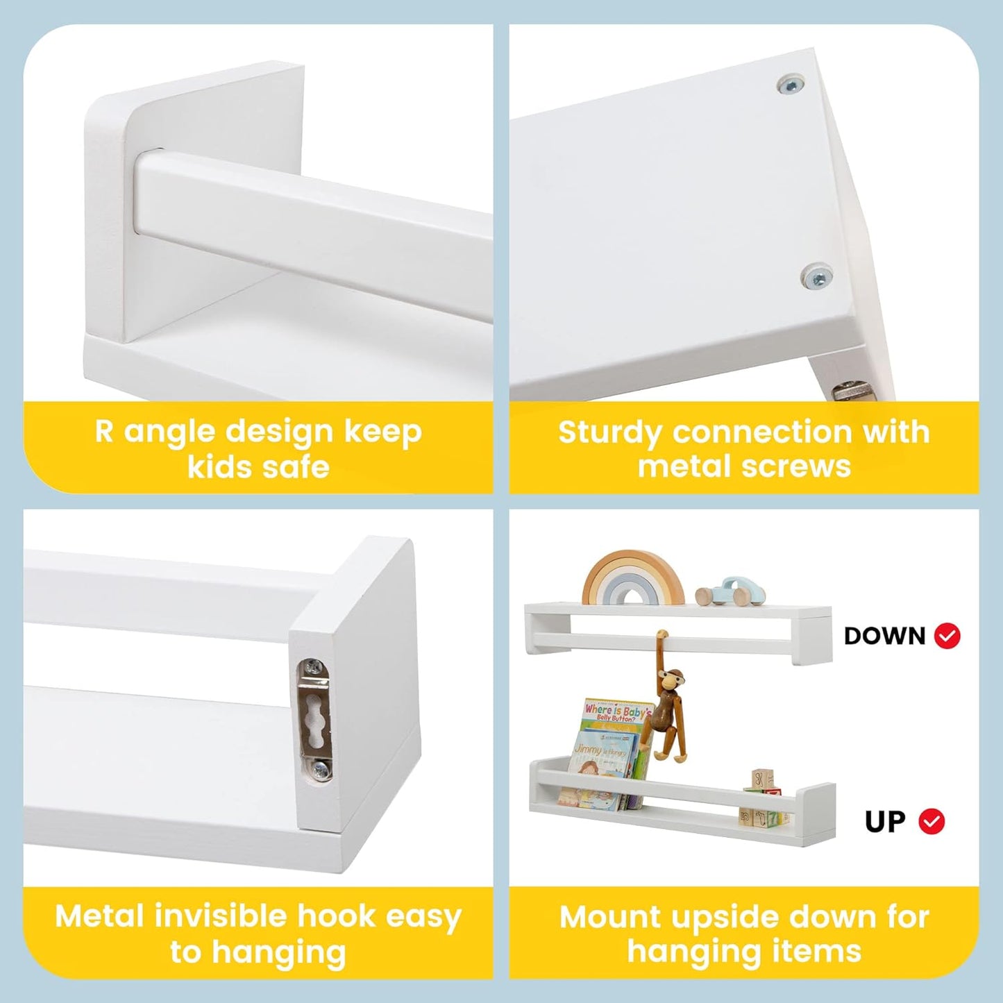 Fun Memories Nursery Book Shelves - Rustic Natural Solid Wood Floating Bookshelf for Kids - Wall Book Shelves for Kids Room (White, 24inch - 4P)