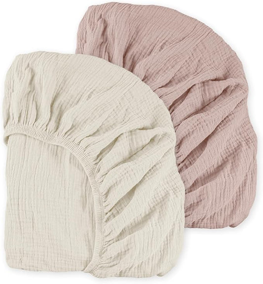 Muslin Mini Crib Sheets, 2 Pack for Baby Boy and Girl, Soft Breathable Stretchy Baby Pack N Play Mattress and Mini Cribs Sheet, Universal Fitted Portable/Mini Crib Mattresses (Gentle Colors)