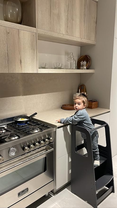 dadada Baby Montessori Toddler Tower - Adjustable Kitchen Step Stool for Kids with Safety Rail - Baby-Safe Finish, Encourages Cooking Skills and Independence - Graphite