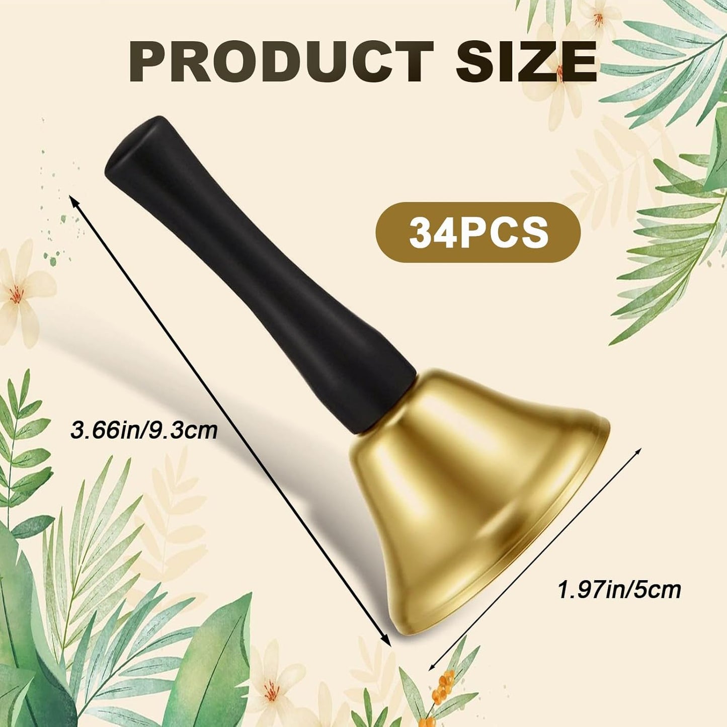 34 Pieces Metal Hand Bells,Kabcifea Gold Call Bell Dinner Service Bell Small Hand Held Bells with Black Wooden Handles for School Church Classroom Wedding Decorative