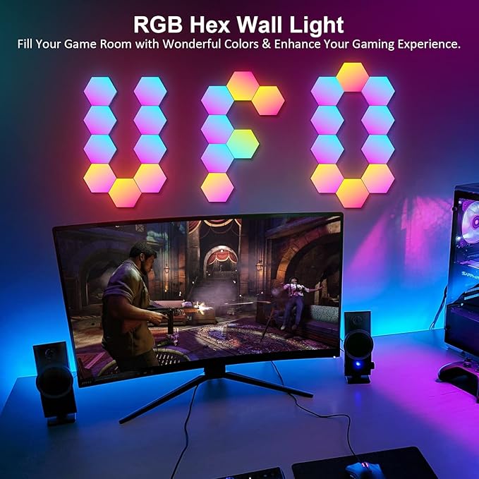 OJQ 12 Pack Hexagon Lights Wall RGB Panel - Hexagonal Led Lights Room Decor Wall Lights Smart APP Music with Sync Honeycomb Shape Panels Hexagon Gaming Lights for Bedroom Children