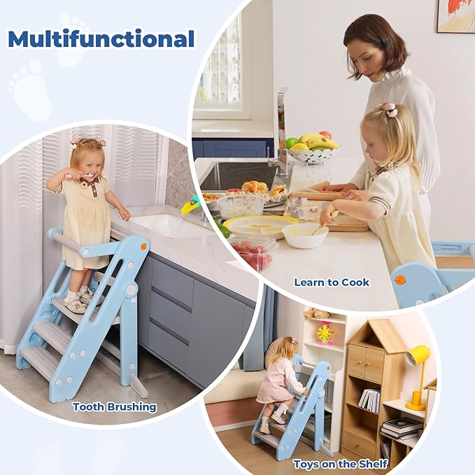 Onasti Toddler Tower Kitchen Stool Helper, Foldable & Adjustable Height Kids Learning Stool for Kitchen Counter Bathroom Sink, Child Ladder for Toddlers with Handles, Safty Rail, Non-Slip Pads-Blue