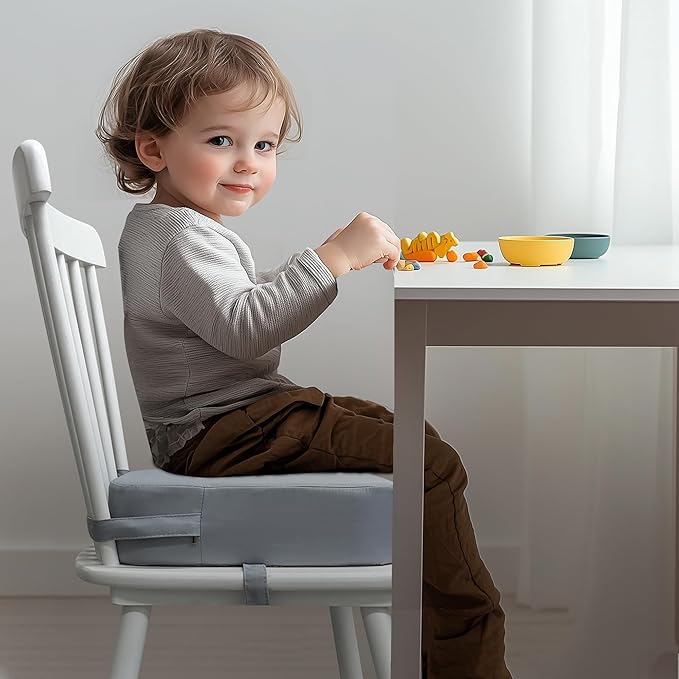 Toddler Booster Seat for Kitchen Chair, 3.5" Oxford Foam Cushion, Non-Slip Base, Adjustable Straps, Portable Dining Booster for Self-Feeding Toddlers at Home or on The Go (Grey)