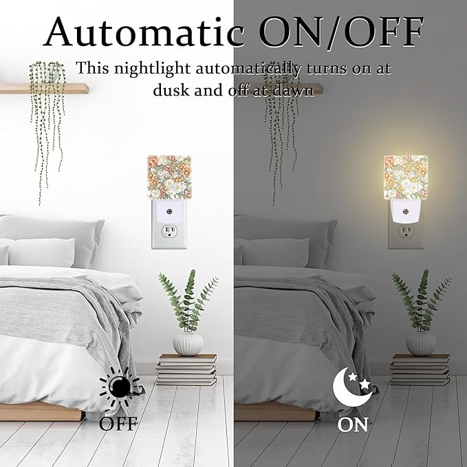 Watercolor Flowers and Herbs Night Light Plug into Wall,Abstract Botanical Plants Leaves Floral Dusk to Dawn Night Light Plug in,0.5w Energy Saving NightLight for Kids Boys Girls Home Decor