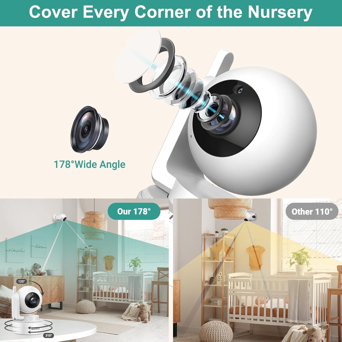 6" Baby Monitor with 2 Cameras 4000mAh Battery Upgrade Split Screen Video Baby Monitor No WiFi Remote Pan-Tilt-Zoom Auto-Night Vision 150 Languages ECO Mode 2-Way Talk 1000FT (Ideal Condition)