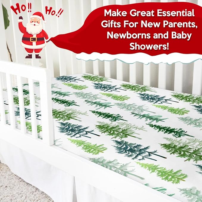 Watercolor Pine Trees Baby Crib Sheets 52''x28'' Winter Green Pines Snug Fitted Crib Mattress Cover for Boy Girl Soft Nursery Baby Bed Sheets for Standard Crib and Toddler Mattresses