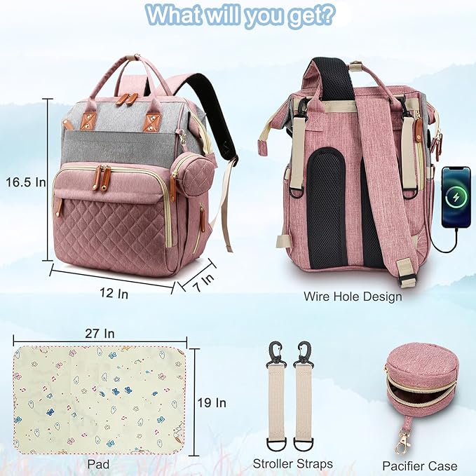 Diaper Bag Backpack Baby Bag, Baby Girl Boy Diaper Bag for Dad Mom with Pad, 16 Pockets, Pacifier Case, Large Diaper Bags Unisex for Travel(Pink Grey)
