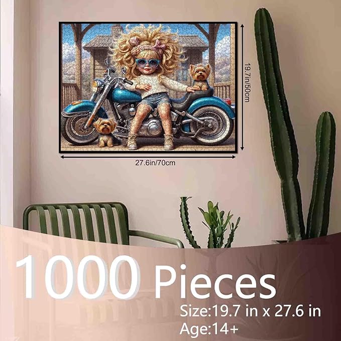 1000 Piece Jigsaw Puzzle for Adults, Girl and Yorkshire Terrier on Motorcycle Puzzles, Girl DIY Puzzles for Home Decoration Gift, Challenging Puzzle for Family Game Nights 20 x 27 Inch