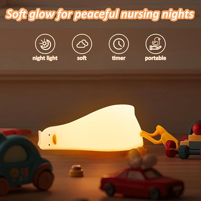Lying Flat Duck Night Light, Cute Light Up Duck Soft Silicone Nursery Night Lamp with Touch Control & Rechargeable & Timer & Dimmer for Kids, Birthday Festival New-Born Gifts for Baby Kids