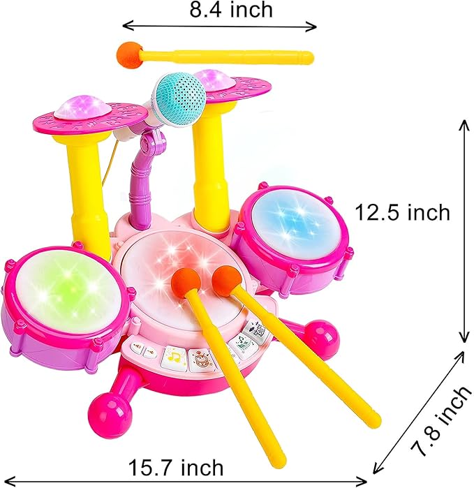 Drum Set for Kids with 2 Drum Sticks and Microphone, Musical Toys Gift for Toddlers