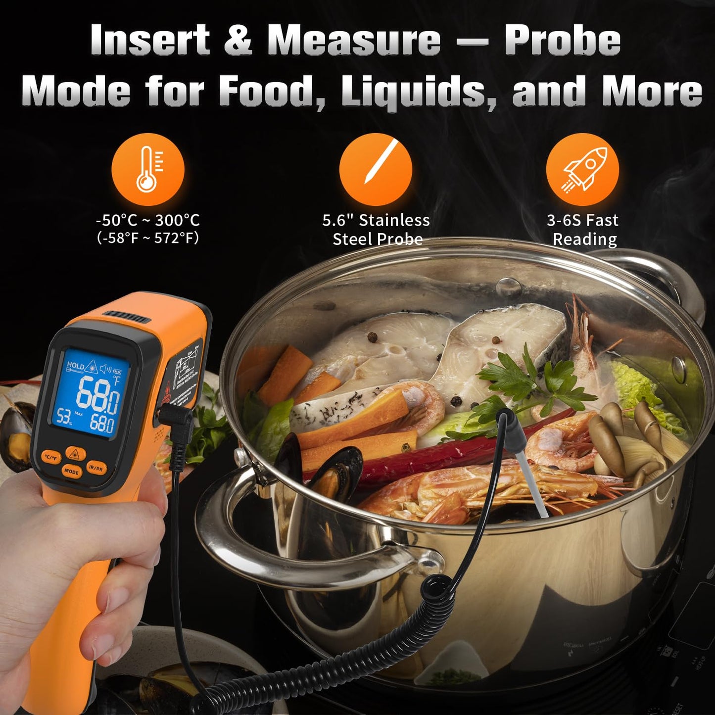 Dual-Mode Infrared Thermometer Gun，-58°F to 1472°F Laser Temp Gun, -58°F to 572°F K‑Type Probe with Humidity Display, 12:1 D:S