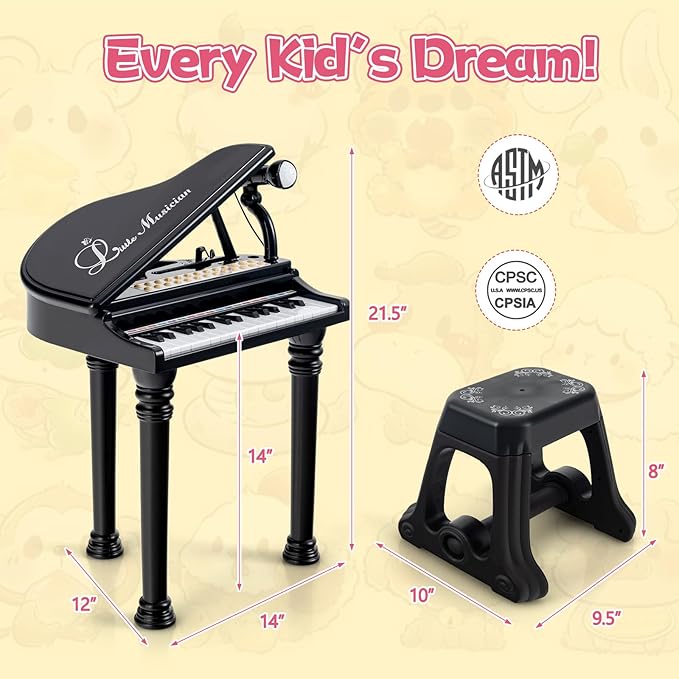 HONEY JOY Classical Kids Piano, 31-Key Toy Mini Grand Piano with Music Stand & Stool, Portable Electronic Piano Educational Musical Instrument Toy w/ Microphone, Lights, Gift for Kids (Black, 31 Keys)
