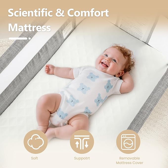 Kinder King Baby Bassinet w/Wheels, Folding Portable Newborn Bedside Sleeper, All-Sided Mesh Infant Crib, Adjustable Height, Removable Soft Mattress, No Tool to Assemble, Grey