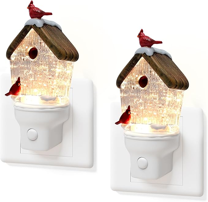 2 Pack Christmas Birdhouse Night Light Plug into Wall Glitter Water Nightlight with USB/Outlet Options, Christmas Decorative Nightlight for Bedroom Kitchen Holiday Decorations Gifts (Birdhouse)