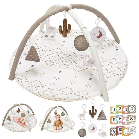 Little Dove Tummy Time Mat with 6 Toys, Macrame Baby Play Mat for Newborn, Baby Gym with 12 Milestone Cards, Stage-Based Sensory and Motor Skill Development Baby Play Gym, Non Slip Mat Washable, Khaki