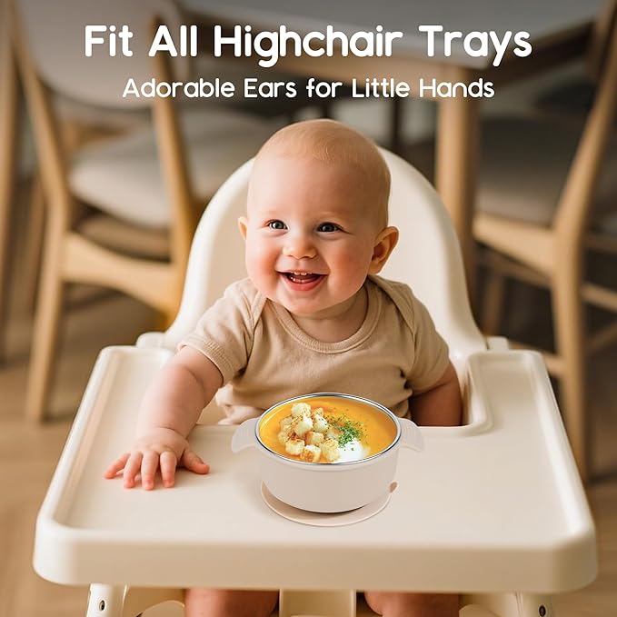 Bella's Friends Stainless Steel and Silicone Baby Bowls with Suction 3 Pack, 4.3” for Toddlers Kids Feeding, Non-Slip, Non-Toxic, Mess-Free, Dishwasher Safe, Fit High Chair Size, beige green blue