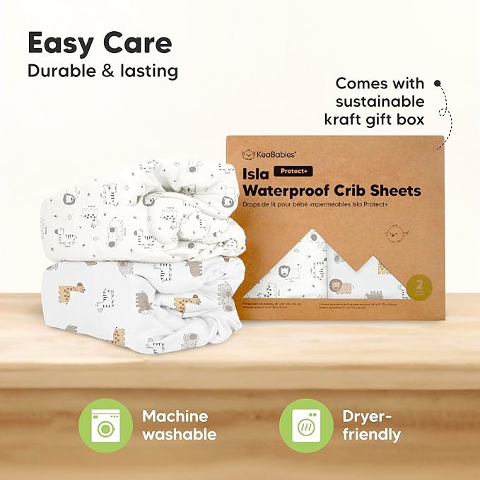 2-Pack Waterproof Baby Crib Sheets for Boys, Girls - 52x28 Viscose Derived from Bamboo Toddler Bed Sheet Neutral, Fitted Crib Mattress Protector Cover for Baby Bedding, Soft & Gentle (KeaSafari)