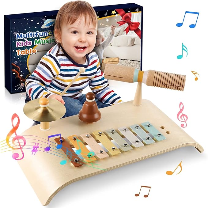 LOOIKOOS Kids Drum Set Toddler Musical Instruments Set Wooden Percussion Instrument Xylophone for Kids Montessori Toys Preschool Educational Musical Toys