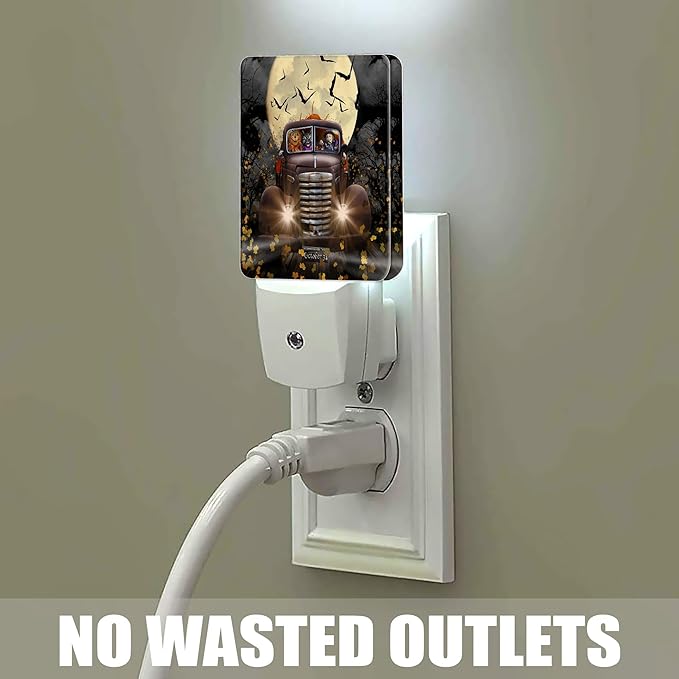 Halloween Truck Night Light, Witch Cat Pumpkin Night Lights Plug into Wall Decorations for Bedroom, Bathroom, Dusk to Dawn Sensor Nightlights for Girls Women Room Gifts