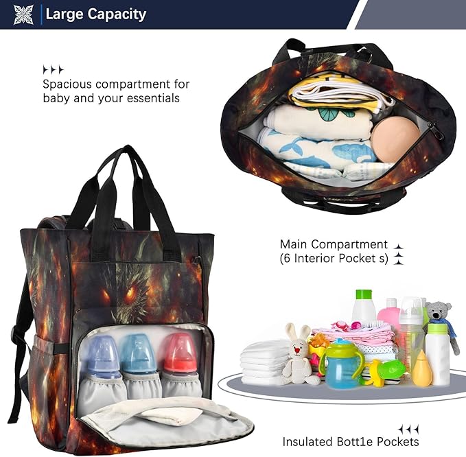 Dragon Fire Dungeon Diaper Bag Backpack, Unisex Travel Baby Backpack Diaper Bags with Stroller Straps & Pacifier Case, Large Capacity Waterproof Diaper Backpack