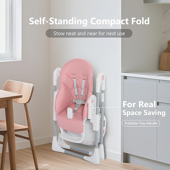 Kinder King Convertible High Chair for Babies & Toddlers, Adjustable Baby Feeding High Chair with Removable Double Tray, Simple Compact Fold for Space-Saving, 2 Built-in Wheels, Easy to Clean, Pink