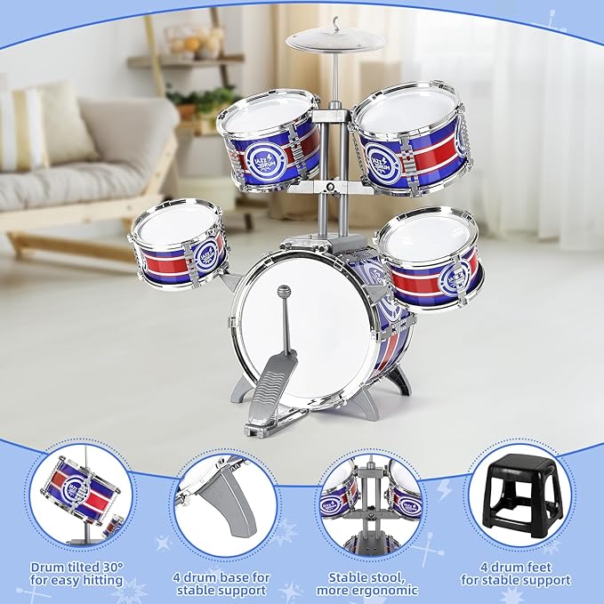 Kids Drum Set, Drum Set for Toddlers with Stool Upgraded Plastic Rock Jazz Drum Kit Musical Instruments Toys Gifts for 1 3 5 7 9 12 Years Boys Girls