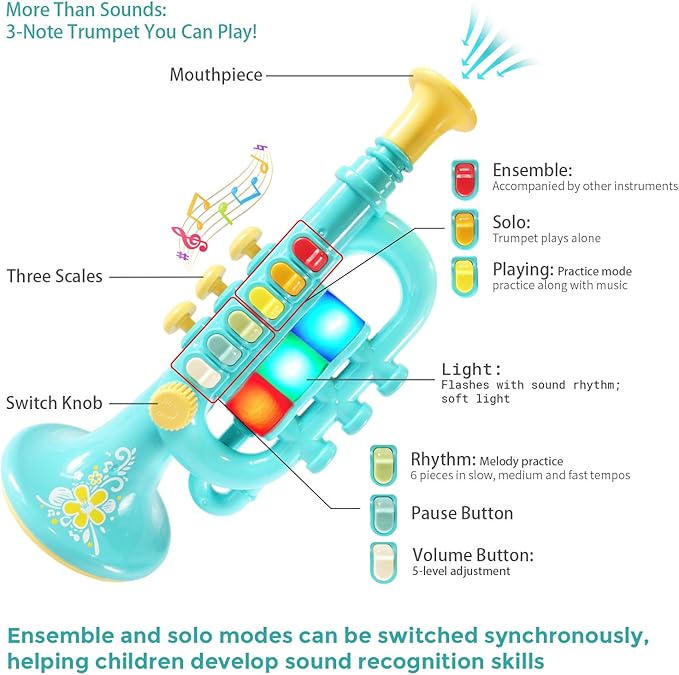 Kids Musical Instruments Toys 3 in 1, Trumpet Harmonica Recorder Set with Storage Bag, Educational Music Toys for Children Ages 3 4 5 6 7, Gifts for Boys Girls