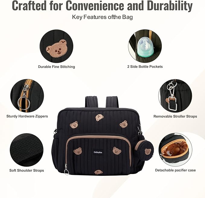 Diaper Bag Backpack, Medium Maternity baby bag & Changing Pad, Insulated Pockets, Stroller Straps & Pacifier Case (Medium - Black Bears)
