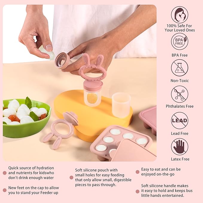 WAJIAYON Baby Breastmilk Popsicle Molds & Baby Fruit Feeder (2 Pack), Baby Food Freezer Tray Storage Containers, Silicone Teething Pacifier Feeder and Teether for Babies,Baby Feeder-Pink