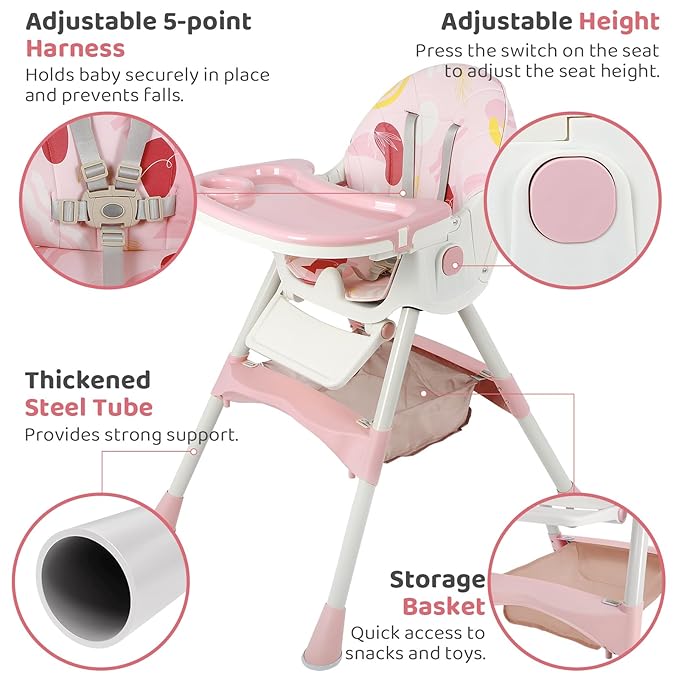6-in-1 Foldable Baby High Chair for Babies & Toddlers – Adjustable Height & Recline, 5-Point Safety Harness, Removable Tray | Portable Highchair, Space-Saving & Easy Clean | Silla de Comer para Bebé